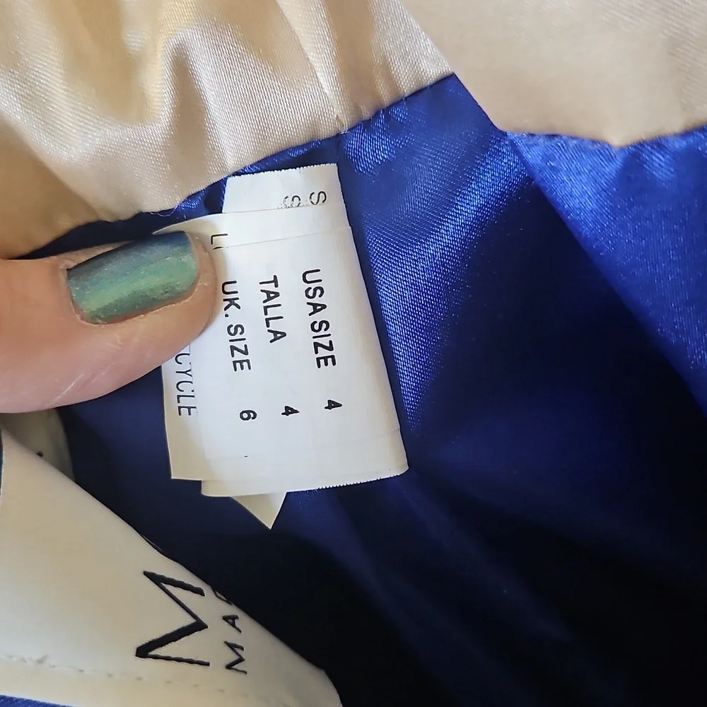 Size 4 royal blue prom/evening gown w/ cold shoulders & long sleeves, beaded top - Picture 12 of 16